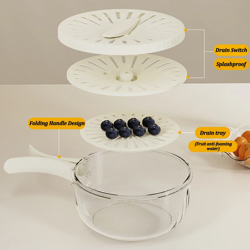 2-In-1 Fruit Drain Basket Vegetable Washing Basket with Foldable Handle Refrigerator Crisper Storage Bowl for Home Kitchen