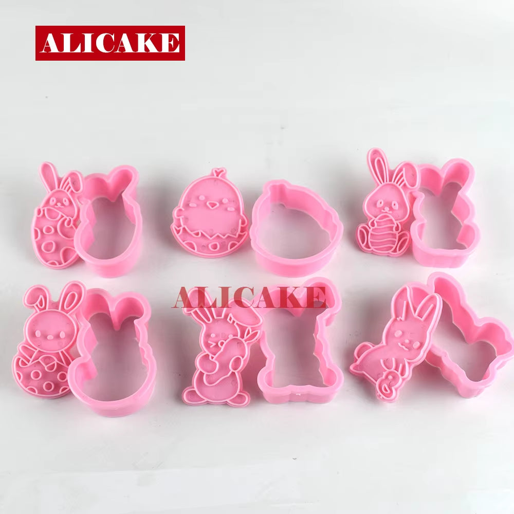 Cookies Cutters Bunny Rabbit Egg Dough Stamp Plastic 3D Cartoon Pressable Biscuit Mold Easter Kitchen Baking Pastry Bakeware